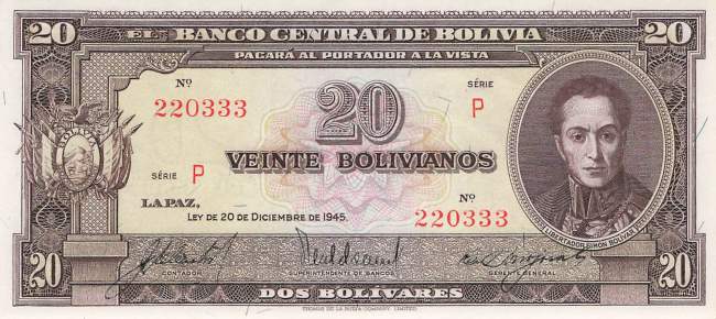 20 Bolivianos L.20.12.1945 p.140a-6